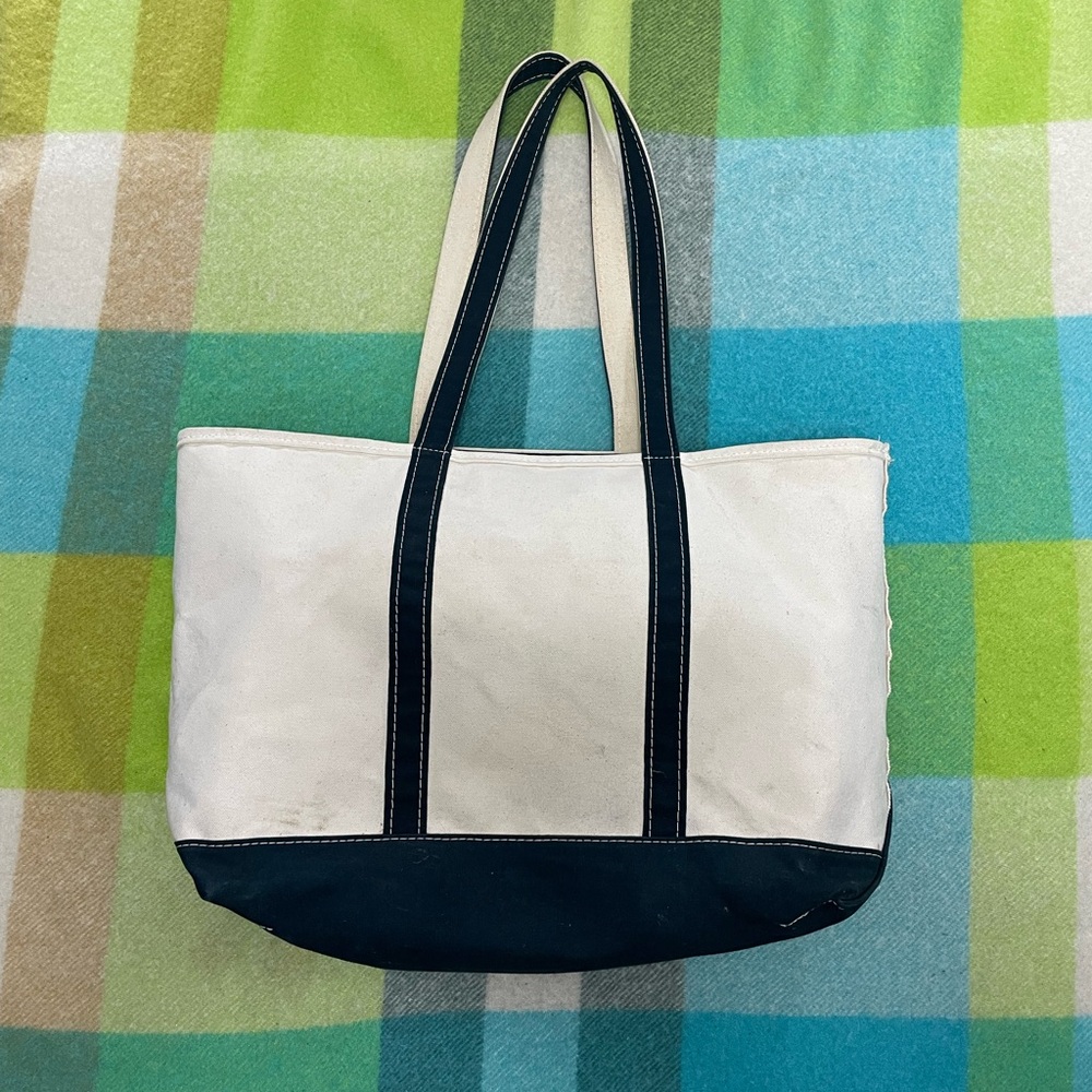 Vintage L.L. Bean Boat And Tote Bag Large White Canvas Zip Black Trim Shoulder